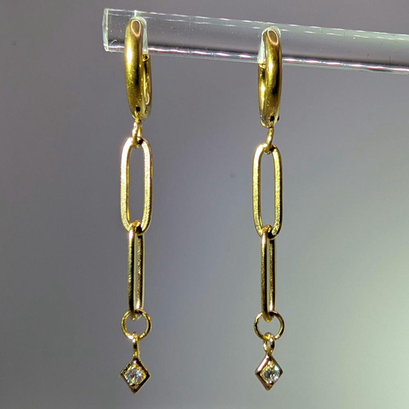 Gold Tone Paperclip Chain Huggie Earrings Gold Ion-Plated Stainless Steel Hoops - Picture 9 of 12
